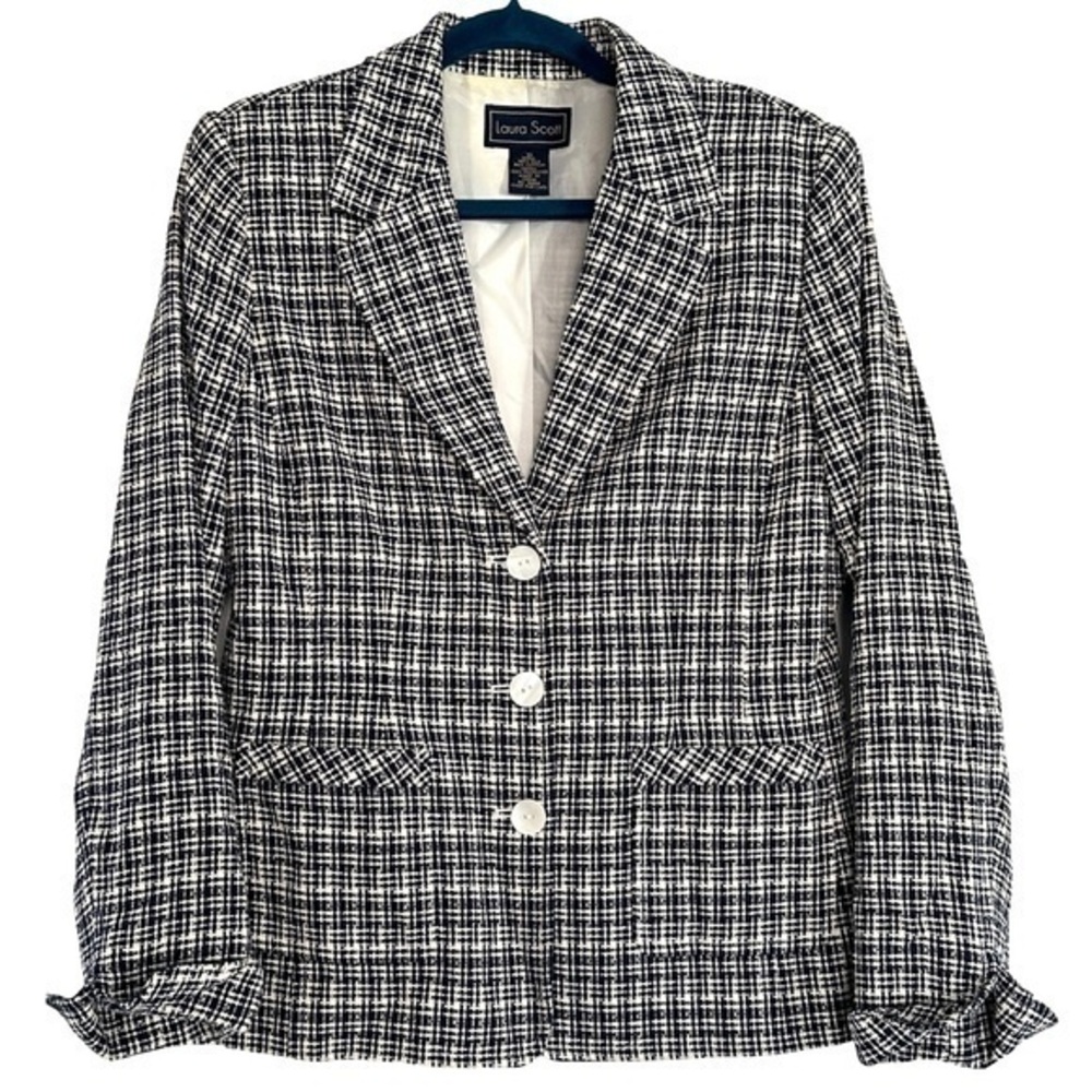 Vtg Laura Scott Silk Blend Blue White Plaid Tweed Woven Blazer Shell Buttons 10